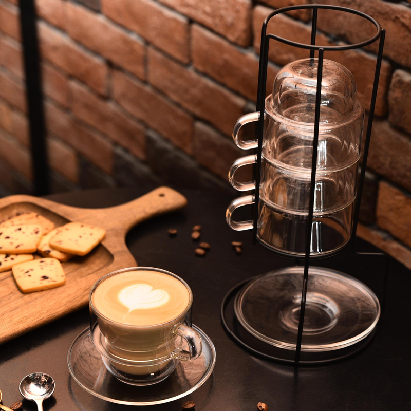 200ml Stackable Double Wall Thermal Insulated Glass Cappuccino Coffee Cups set with Metal Stand - Image 3