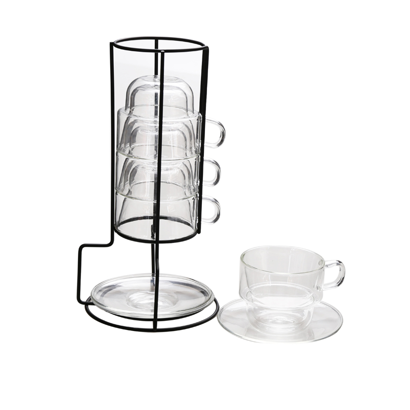 200ml Stackable Double Wall Thermal Insulated Glass Cappuccino Coffee Cups set with Metal Stand - Image 5